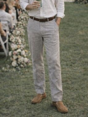 100% Linen Grey Pants Men 32R Preppy Coastal Spring Wedding Minimalist Light